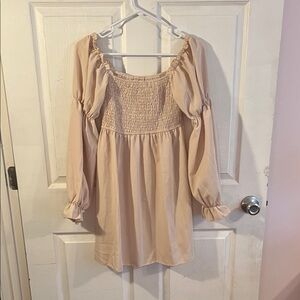 Beige Long Sleeve Smocked Dress